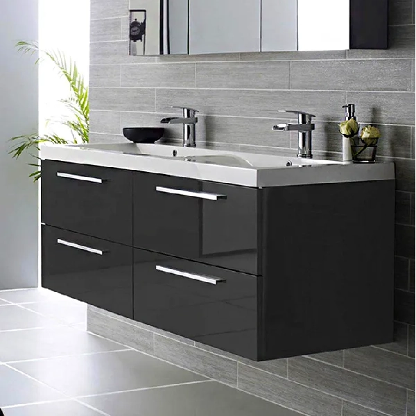 Bathroom with a dark gray vinyl wrapped vanity
