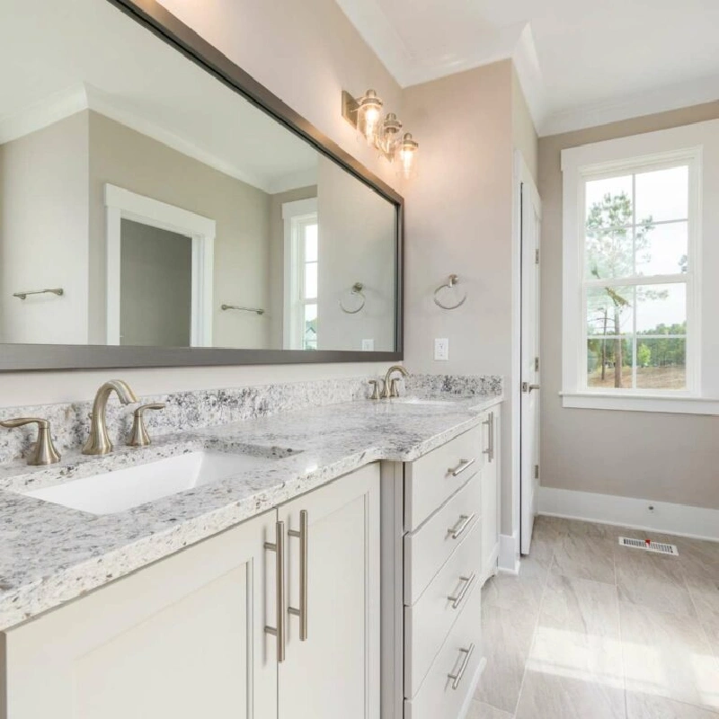 Bathroom with a vanity and a granite-patterned vinyl wrap on the countertop.