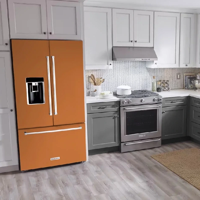 Brown appliance vinyl wrap on a refrigerator.