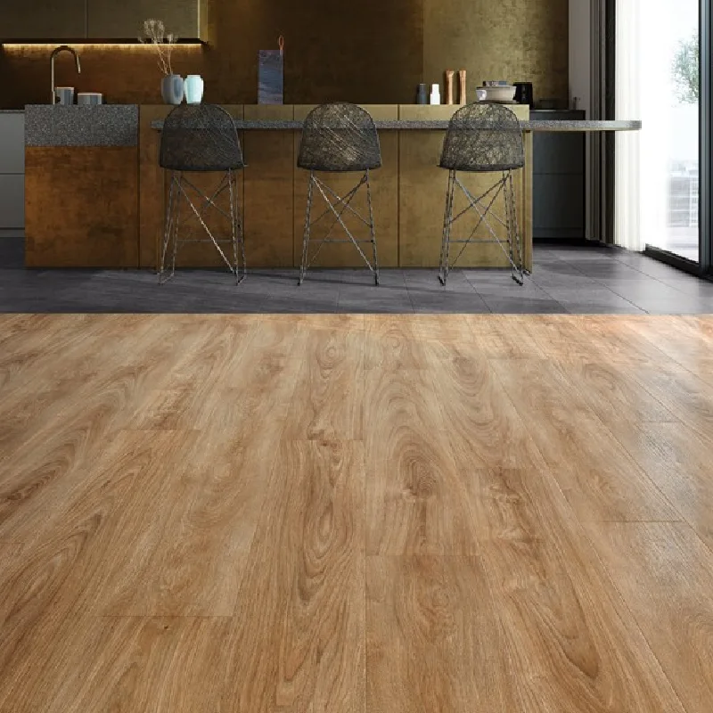 Brown wood grain vinyl wrap on a floor in a restaurant setting.