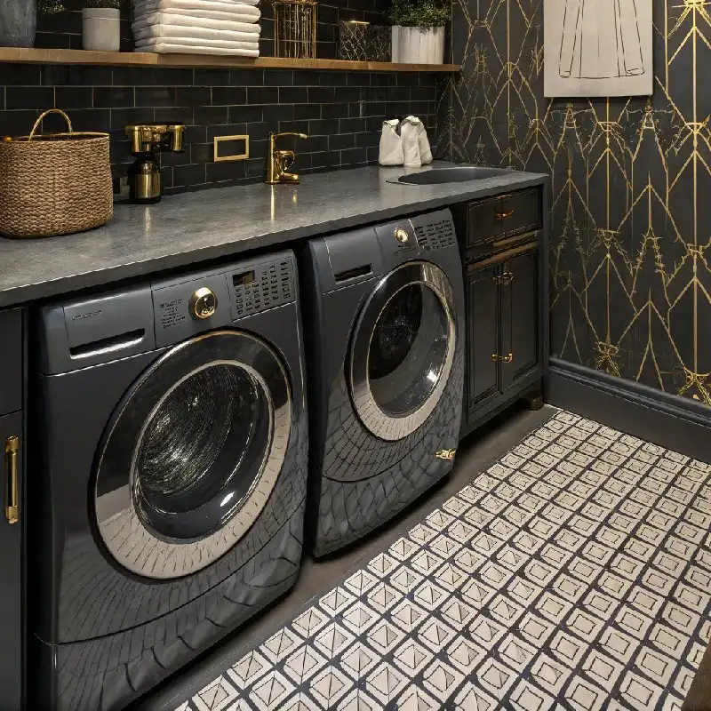 Dark appliance vinyl wrap with gold accents on a washer