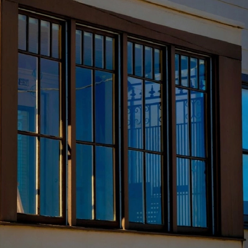 Dark brown window frame vinyl wrap with grid-like clear glass panes