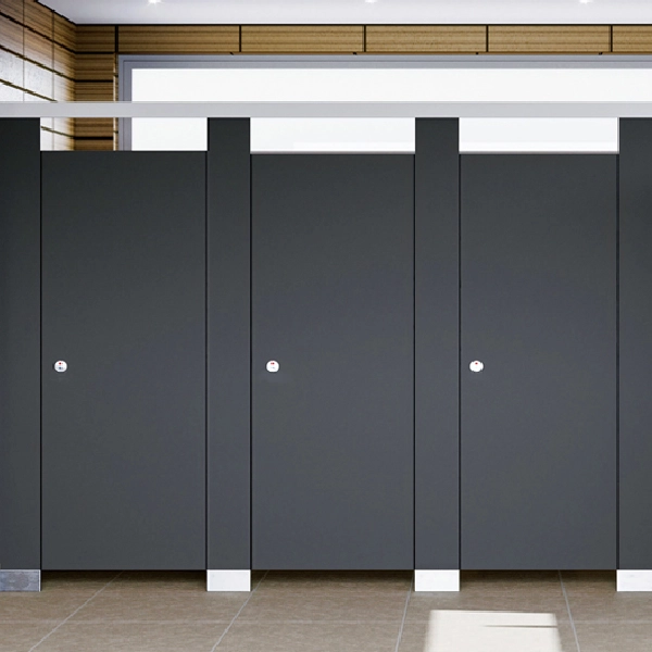 Dark gray matte vinyl wrap on bathroom stalls in a restaurant.
