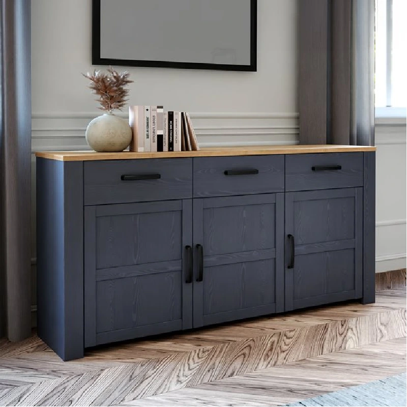 Dark grey wood-look vinyl wrap on a sideboard with a light wood top.