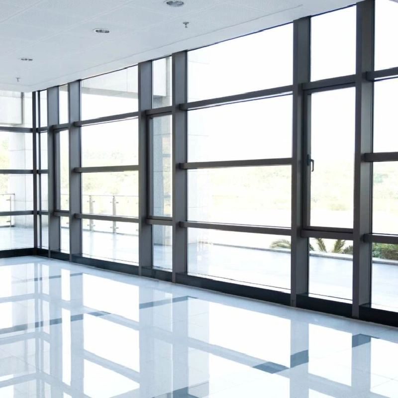 Dark window frame wrap with large clear glass panels.