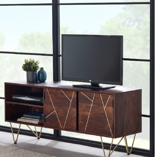 Dark wood-grain TV stand with gold geometric lines on the doors.