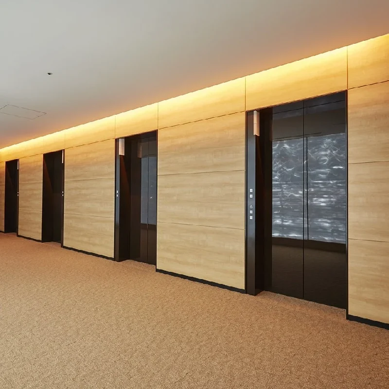 Elegant hallway with light woodgrain vinyl wrap on the walls and glossy black elevator doors.
