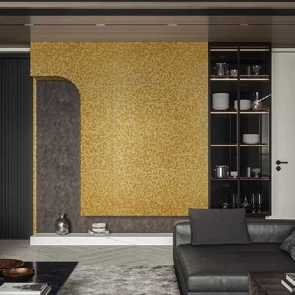 Gold mosaic tile-patterned vinyl wrap on a wall.