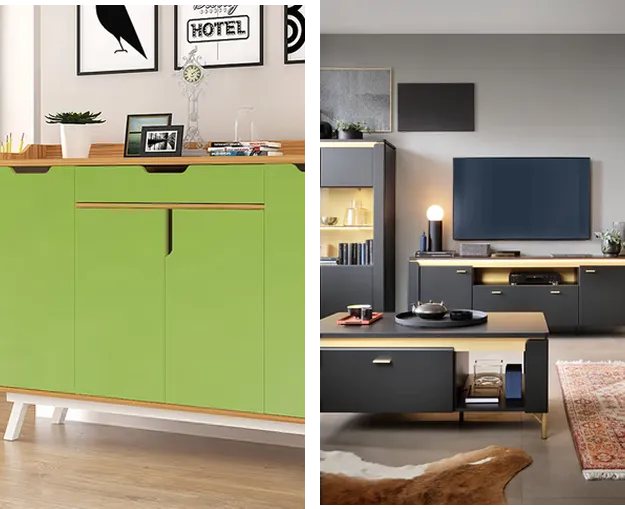 Green vinyl wrap on a sideboard and dark gray vinyl wrap on a living room furniture