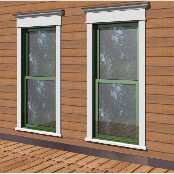 Green window frames with a white vinyl wrap trim on a brown wooden siding.