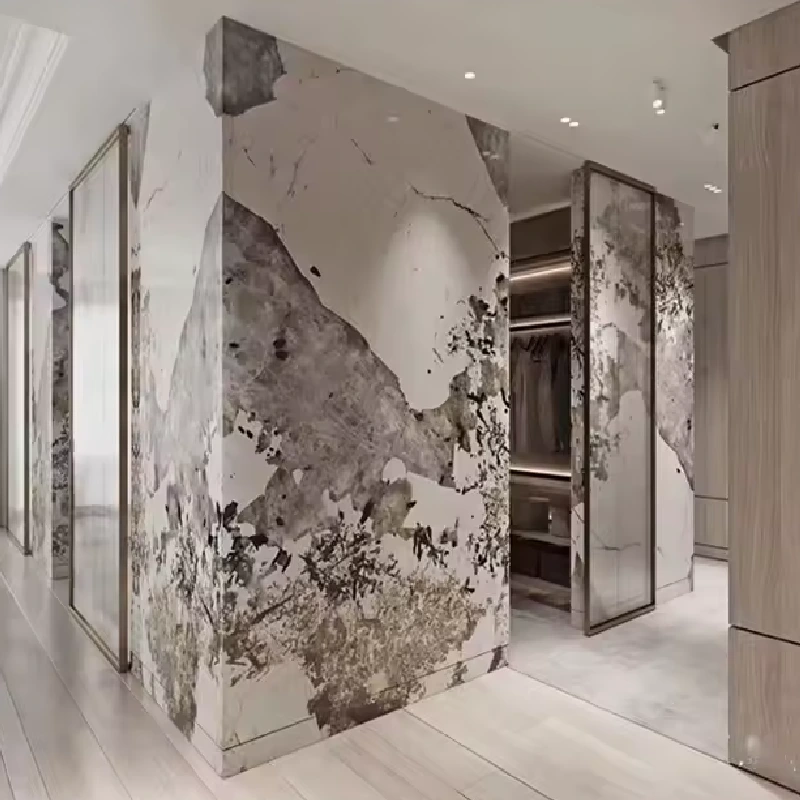 Grey-and-white abstract wall vinyl wrap with a dark, splotchy pattern.
