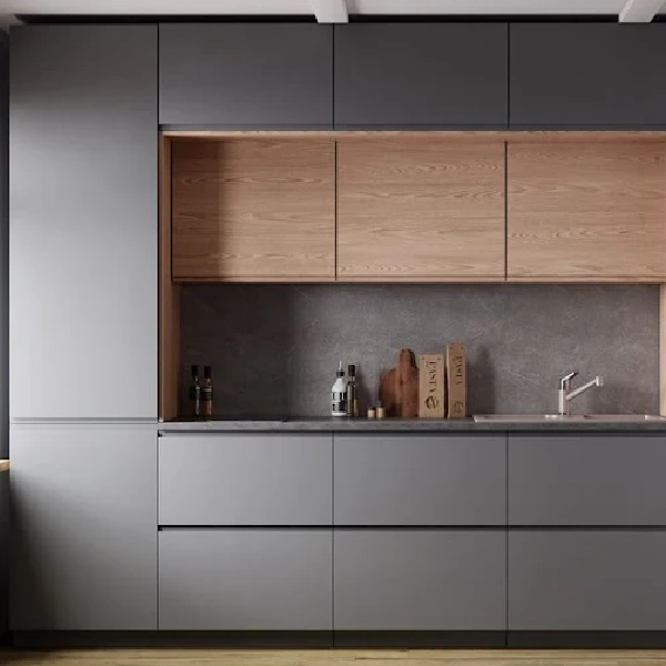 Grey kitchen cabinets with light wood vinyl wrap upper cabinets