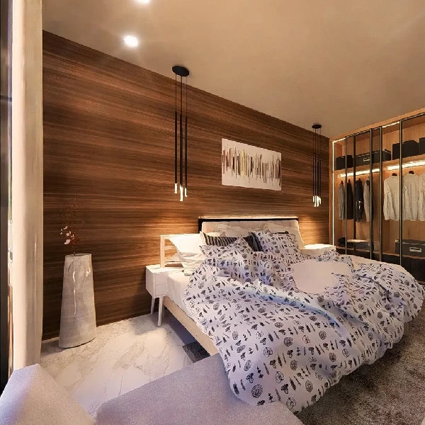 Horizontal striped wood-patterned vinyl wrap on a bedroom wall.
