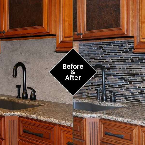 Kitchen backsplash with a stone-like texture on the left, and a decorative tile pattern on the right