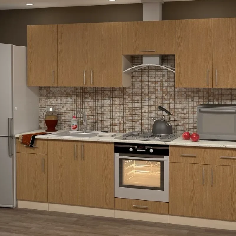 Light brown wood vinyl wrap kitchen cabinets with a tiled backsplash.