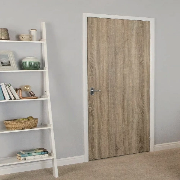 Light wooden door with a chrome handle