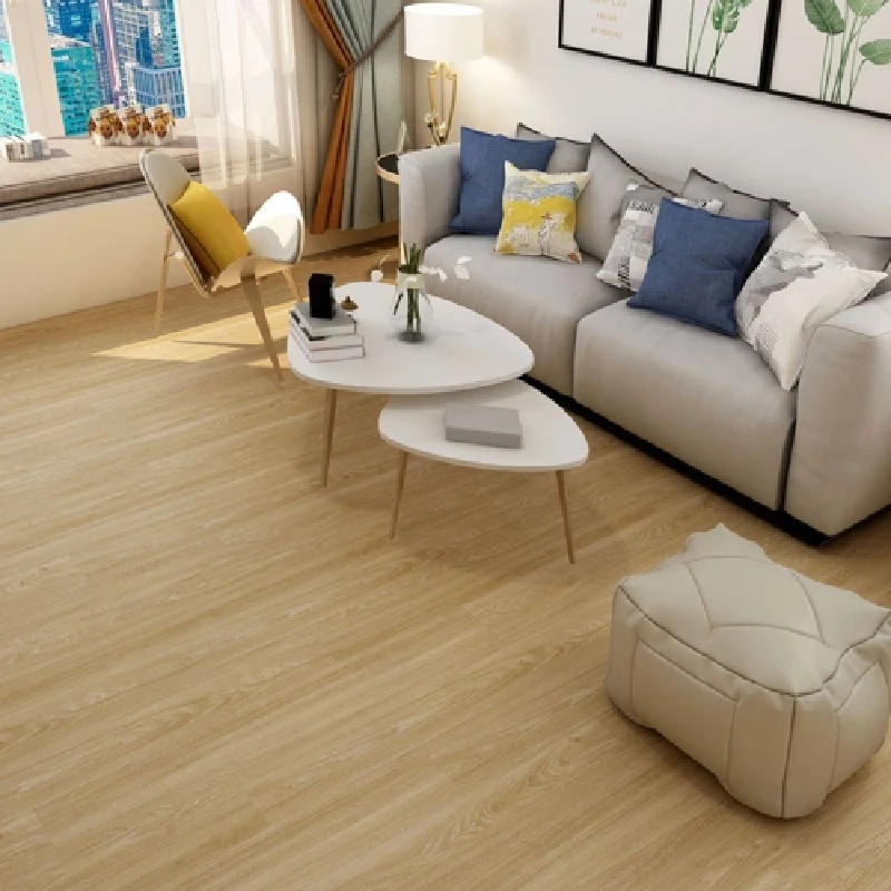 Living room with light wood-look flooring
