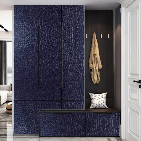 Navy blue textured vinyl wrap wardrobe with a small open section