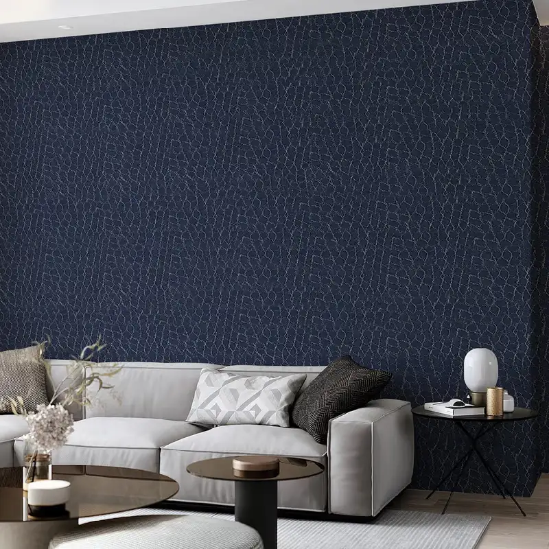 Navy blue textured wall with a silver-white geometric pattern.