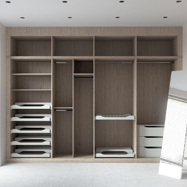 Oak vinyl wrap wardrobe interior with shelves and drawers.