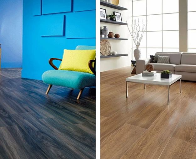 Two rooms showing different colors of LVT flooring, one dark wood and one light wood