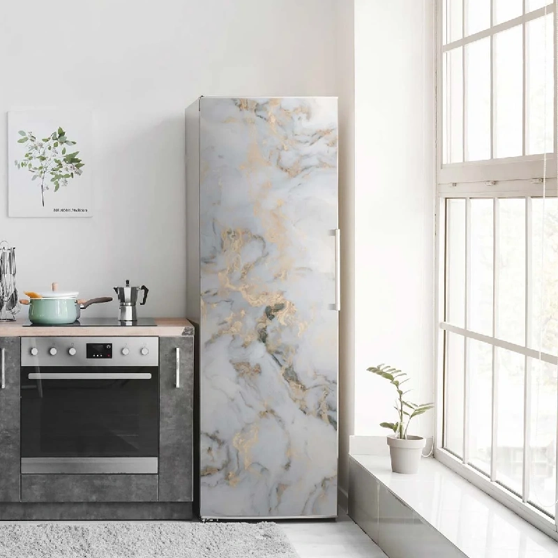 White and gold marble appliance vinyl wrap on a refrigerator.