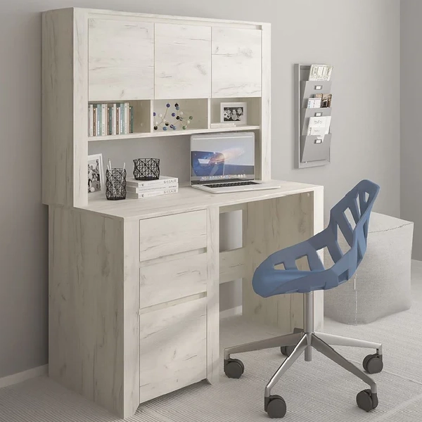 White distressed wood-effect vinyl wrapped desk with a hutch.