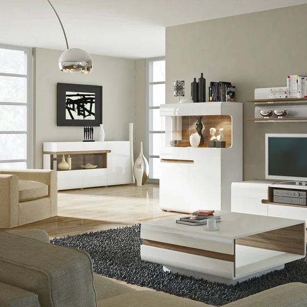 White gloss vinyl wrapped living room furniture with wood grain accents