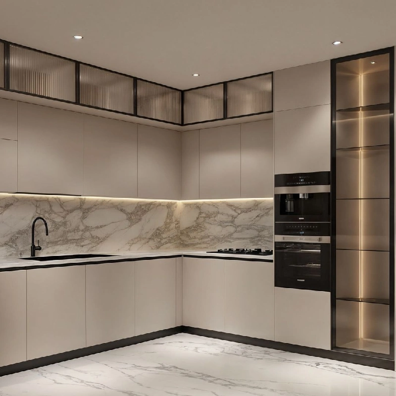 White marble-patterned vinyl wrap with grey and beige veins on a kitchen wrapping