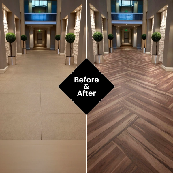 a wood-grain LVT wrap arranged in a chevron pattern