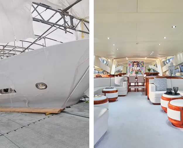a yacht with White protective vinyl wrap and a interior of yacht with brown vinyl wrap