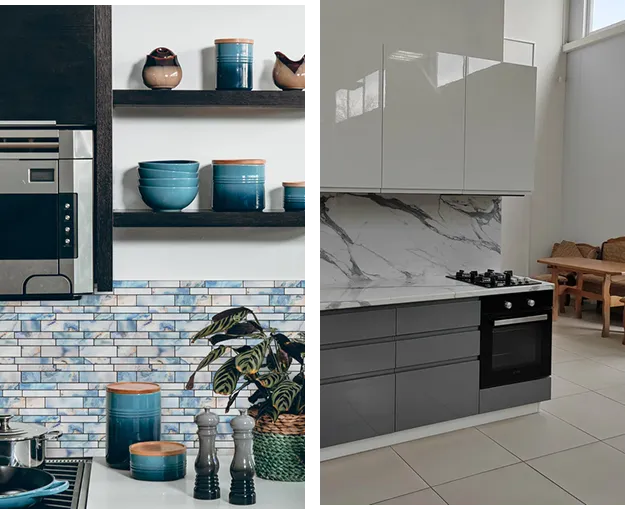 backsplash vinyl wrap featuring a blue and white mosaic brick pattern