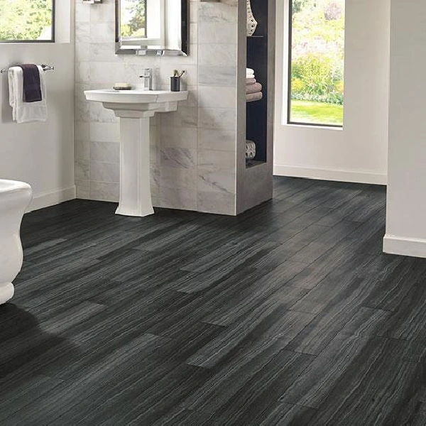 bathroom with a dark grey, multi-toned vinyl floor wrap with a linear wood grain texture