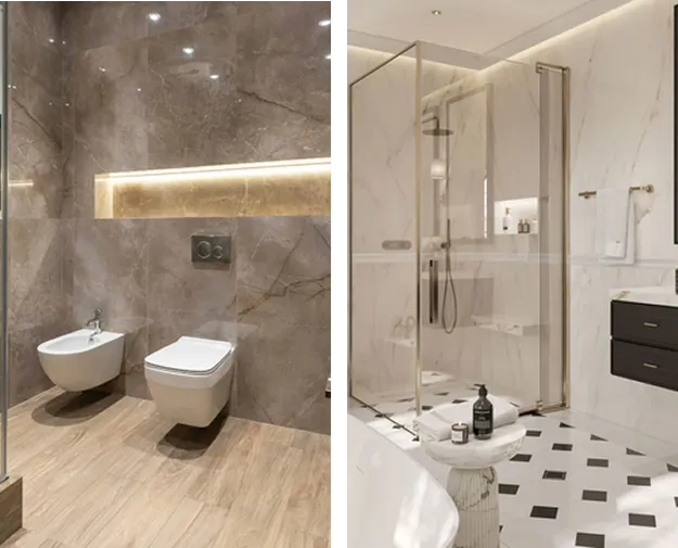 bathrooms with marble and woodgrain vinyl wraps