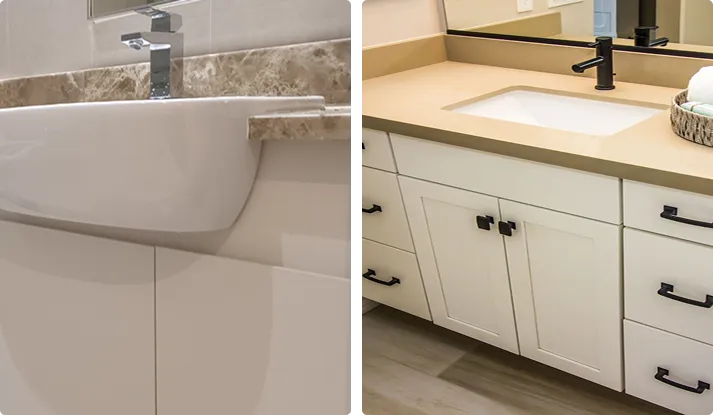 bathrooms with vinyl wraps, one featuring a brown marble countertop and the other with a beige countertop