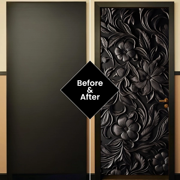before-and-after image of a door, showing a plain dark surface on the left and a richly carved floral pattern