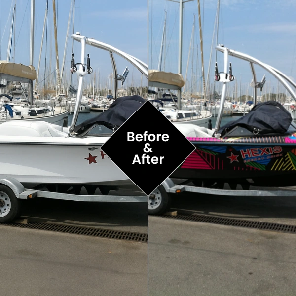 before-and-after image of a yacht, the right side shows the same yacht wrapped with a colorful, geometric design