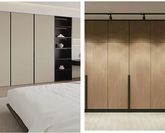 beige vinyl wrap with an open black shelving unit, and the one on the right is a light toned wood look vinyl wrap