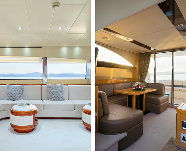 bright, modern lounge with white seating and brown vinyl wrap in yacht interior