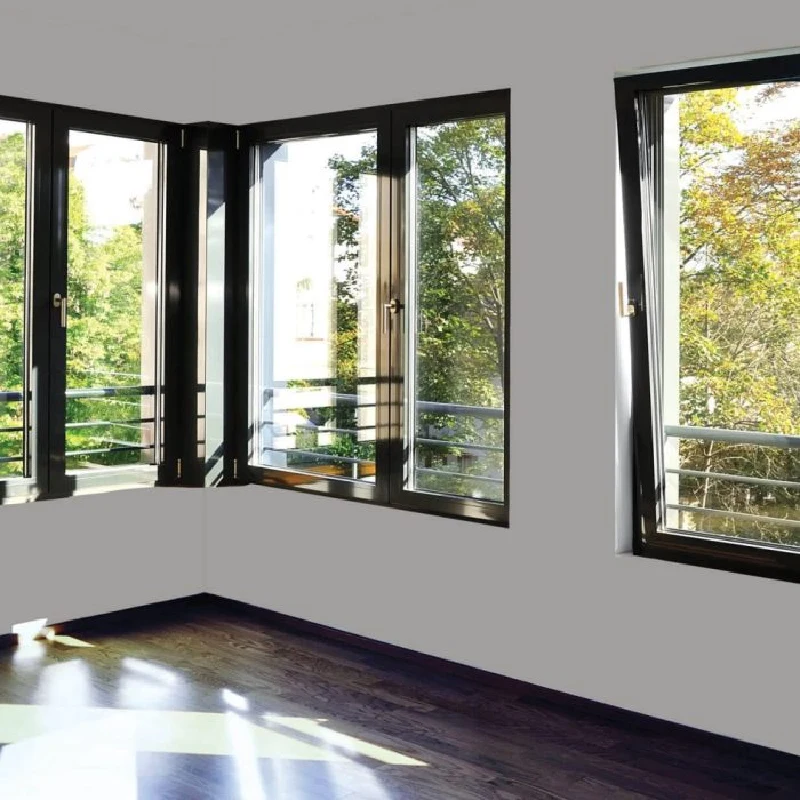 brown window frame vinyl wrap with clear glass panels looking out to a balcony