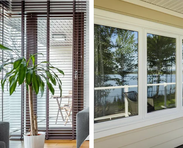 brown window frame vinyl wrap with horizontal blinds and white window vinyl wrap