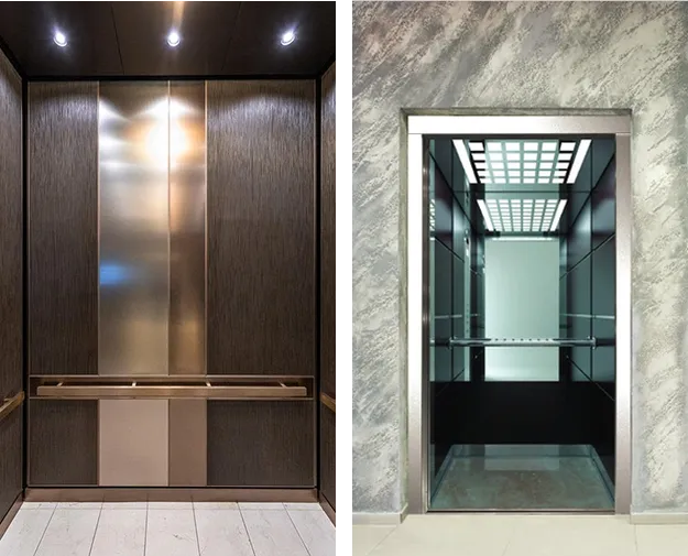 elevators with vinyl wraps, one featuring dark woodgrain and metal accents, and the other with a gray textured