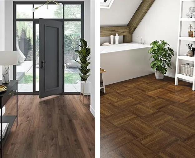 entryway with a brown, multi toned vinyl floor wrap and dark herringbone vinyl wrap in bathroom