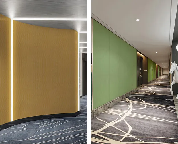 golden vinyl wrap on a curved wall, and the right has a smooth green vinyl wrap