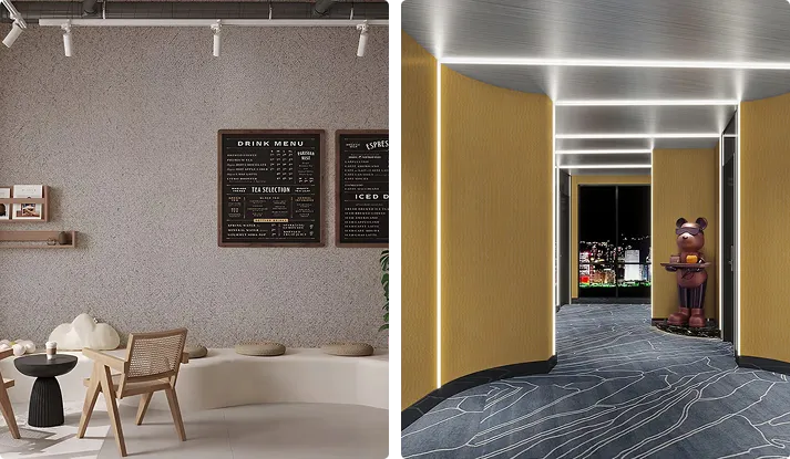 gray textured wall vinyl wrap in a cafe and a yellow textured vinyl wrap