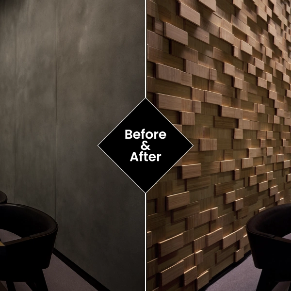 left side shows a plain gray wall, while the right side coverd with 3d wood planked wrap