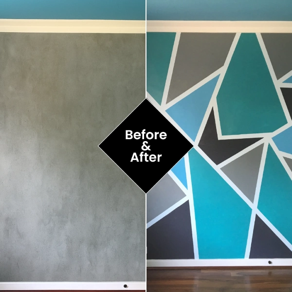 left side shows a plain gray wall, while the right side shows the wall covered with a large geometric pattern wrap