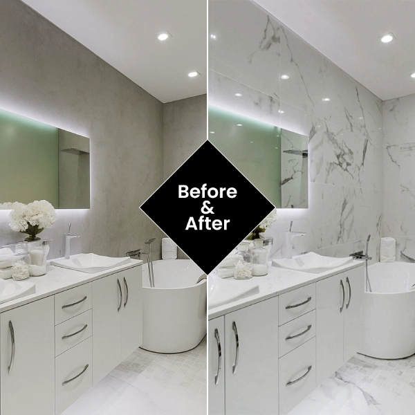 left side shows a plain gray wall, while the right side shows the wall covered with a white marble-patterned wrap