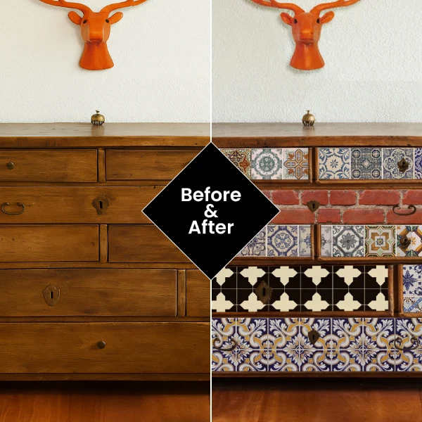 left side shows the plain wooden drawers, while the right side shows them covered with a variety of tile and brick-patterned wraps