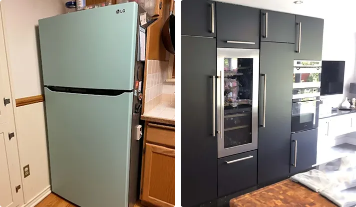 light green vinyl wrap on a refrigerator and black vinyl wrap on kitchen